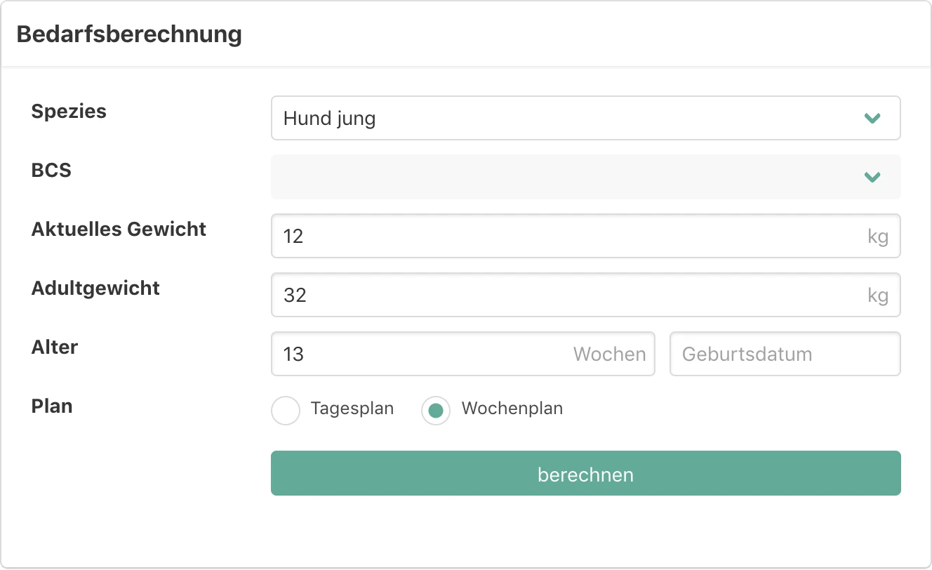 Nährwertbedarf berechnen für Hunde und Katzen