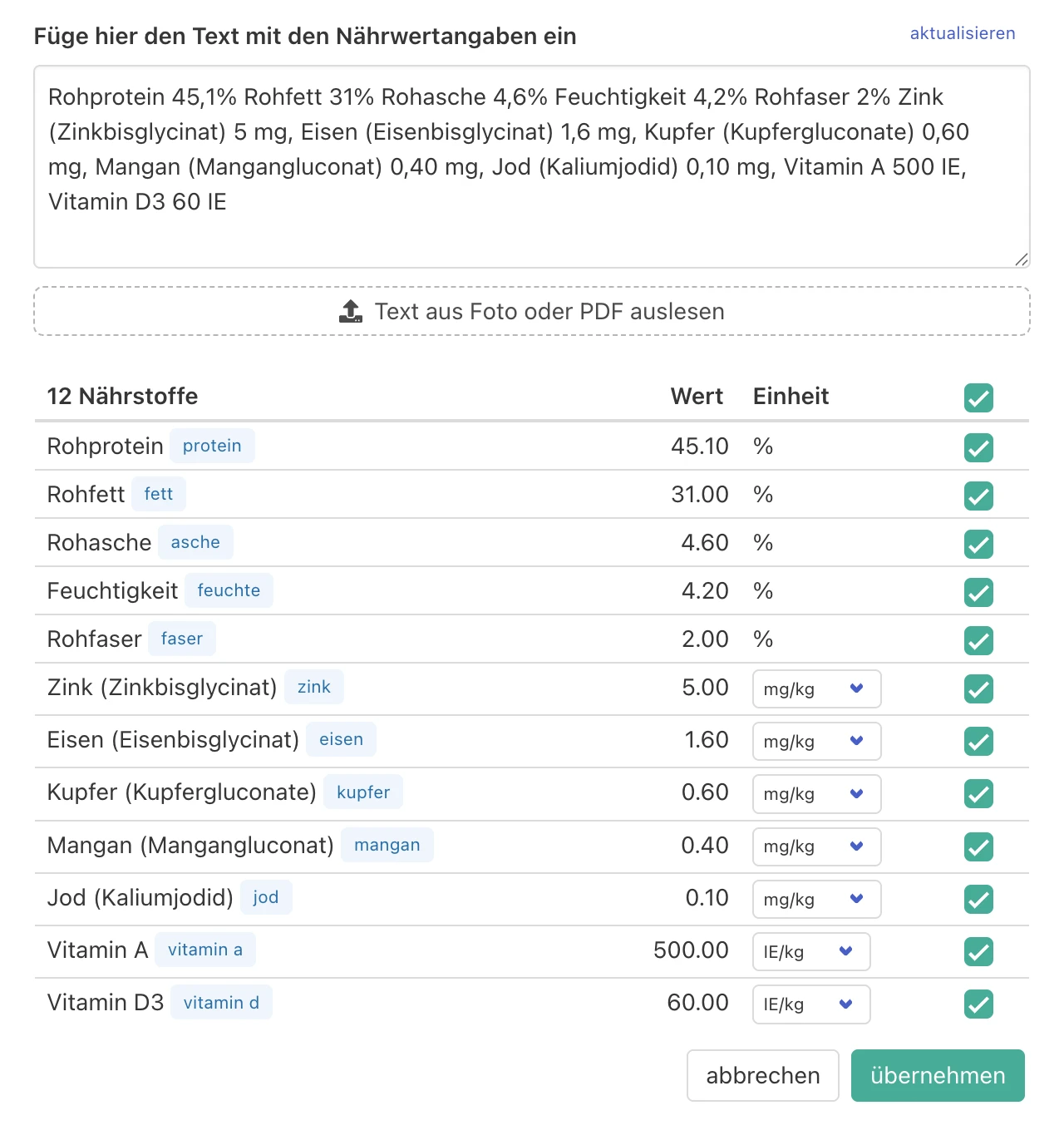 KI-gestützter Eingabe-Assistent extrahiert Nährwerte automatisch