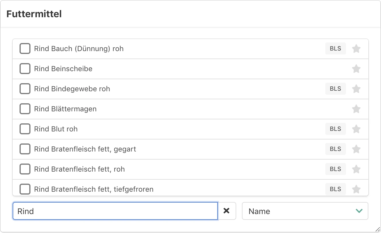 Umfangreiche Futterdatenbank mit Sortier- und Suchfunktionen